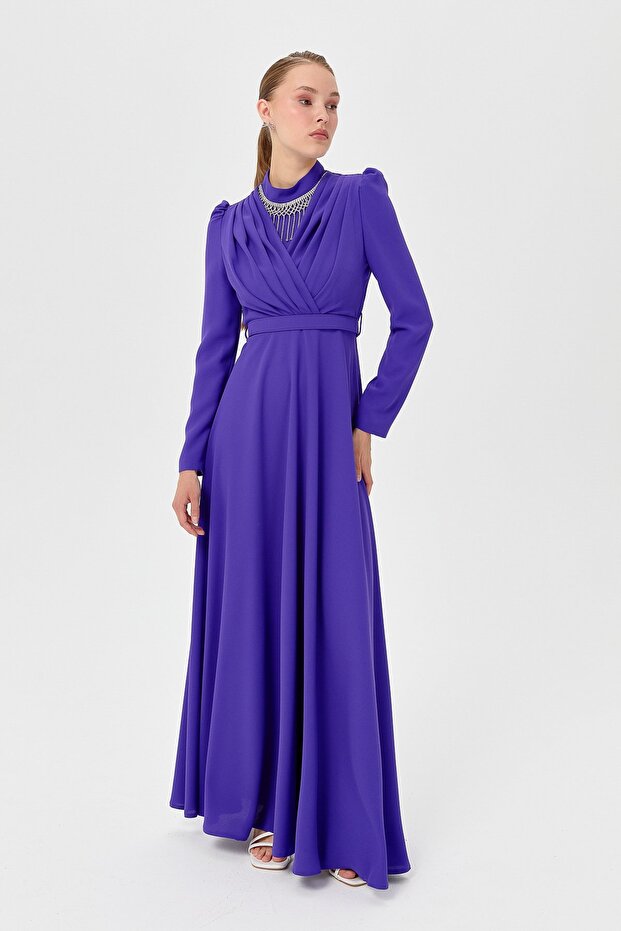 Stone Accessory Collar Detailed Dress Purple