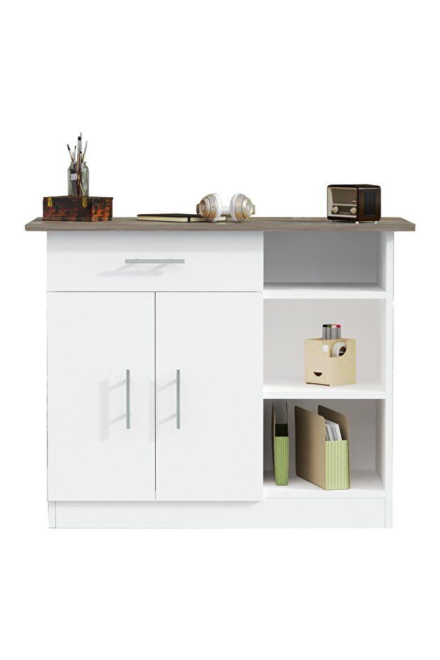 Cabinet with Single Drawer, 2 Door Storage and 3 Open Shelf-Dark Grey Chicago Concrete White