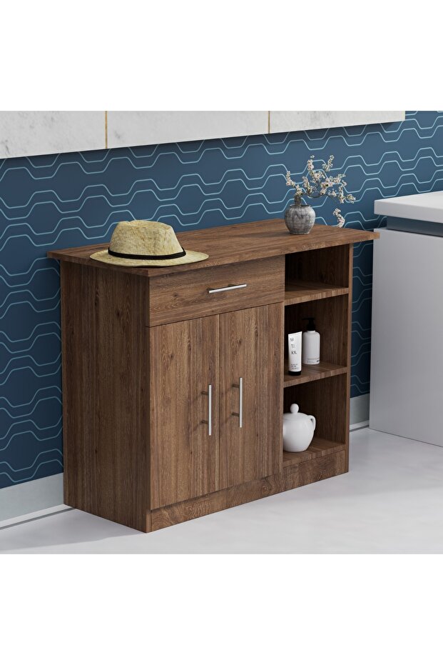 Medium Height Cabinet with Single Drawer, 2 Door Storage and 3 Open Shelf-Truffle Davos Oak - 3