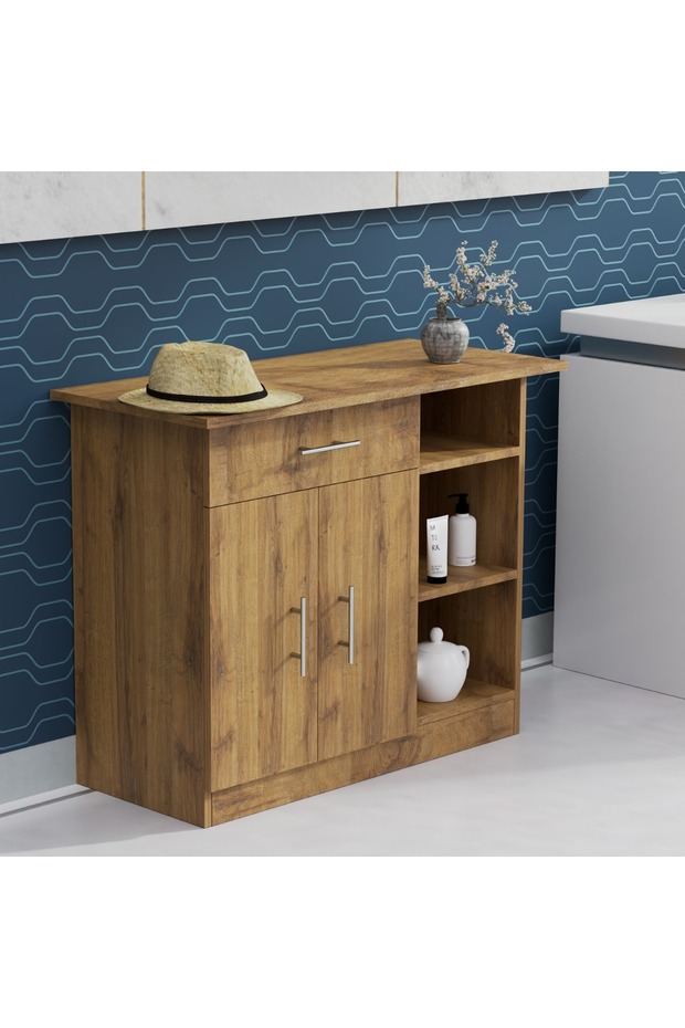 Cabinet with Single Drawer, 2 Door Storage and 3 Open Shelf-Cognac Brown Sherman Oak - 3