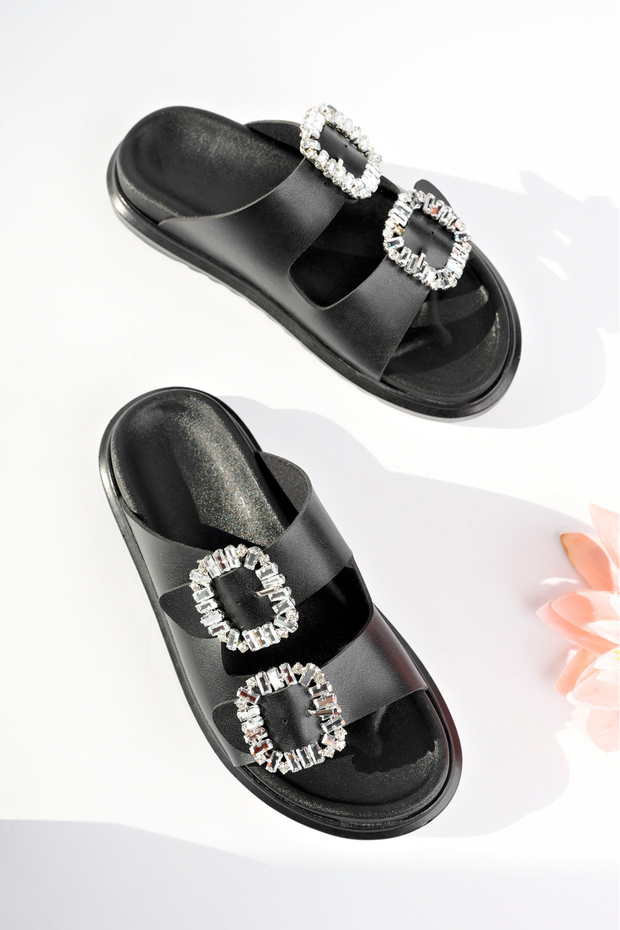 Women's Black Skin Stone Double Buckle Comfortable Sole Slippers