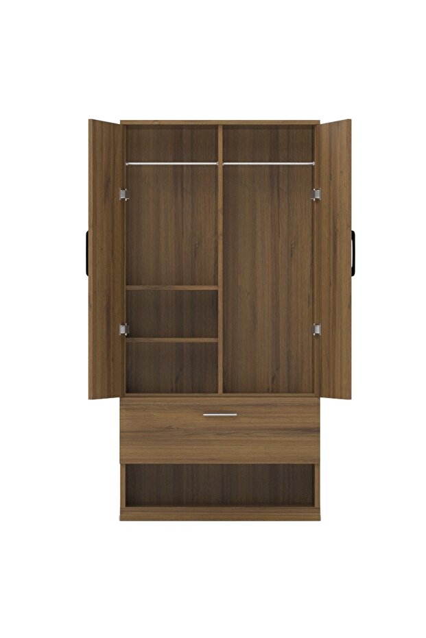 Wooden Wardrobe With 2 Door, And Open Shoe Rack, Rod And Compartments-Cognac Brown Sherman Oak