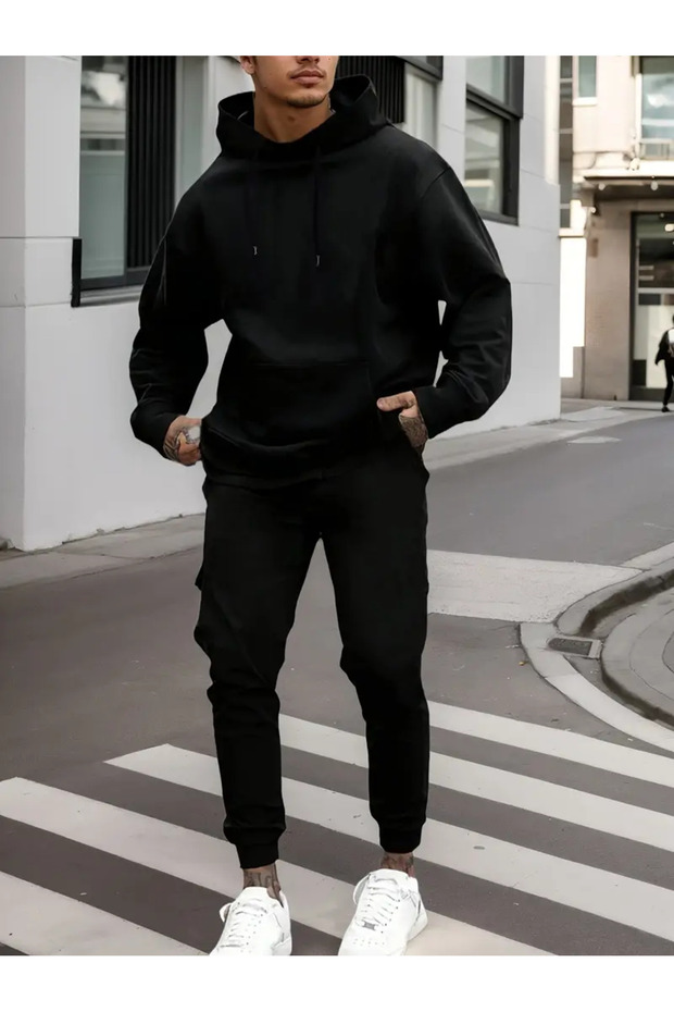 New Season Men's Hooded 3-Thread (three-ply) Solid Color Sweatshirt - Sweatpants 2-Piece Set