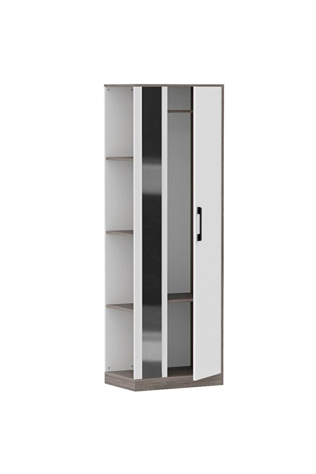 Modern Wardrobe With Side Mirror And Side Shelf, Cabinet With Hangers - Anthracite Sherman Oak