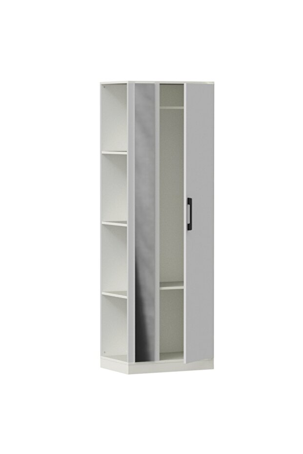 Modern Wardrobe With Side Mirror And Side Shelf, Floor Storage Cabinet With Hangers - Premium White