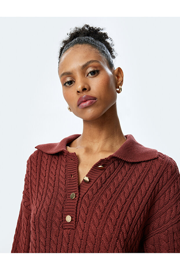 Long Sleeve Buttoned Polo Neck Hair Knit Sweater