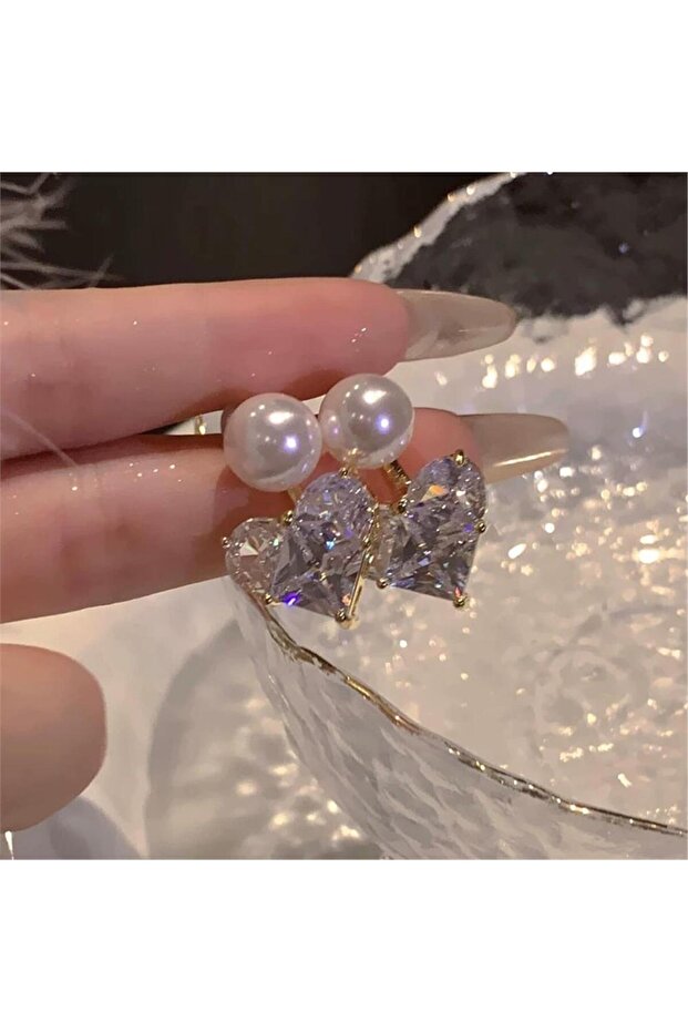 Gold Heart Ghost Earrings with White Crystal and Pearls