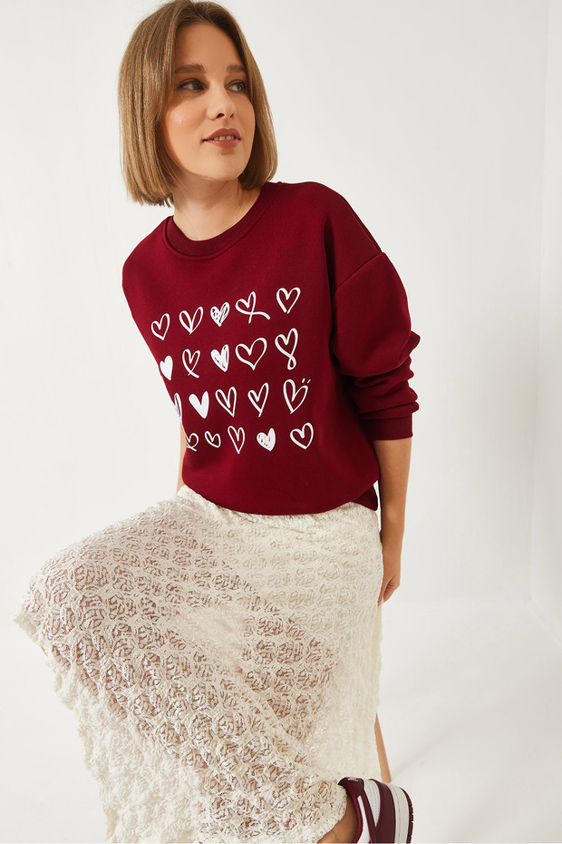 Kadın Kalp Baskılı Basic Sweatshirt 60601032 - 2