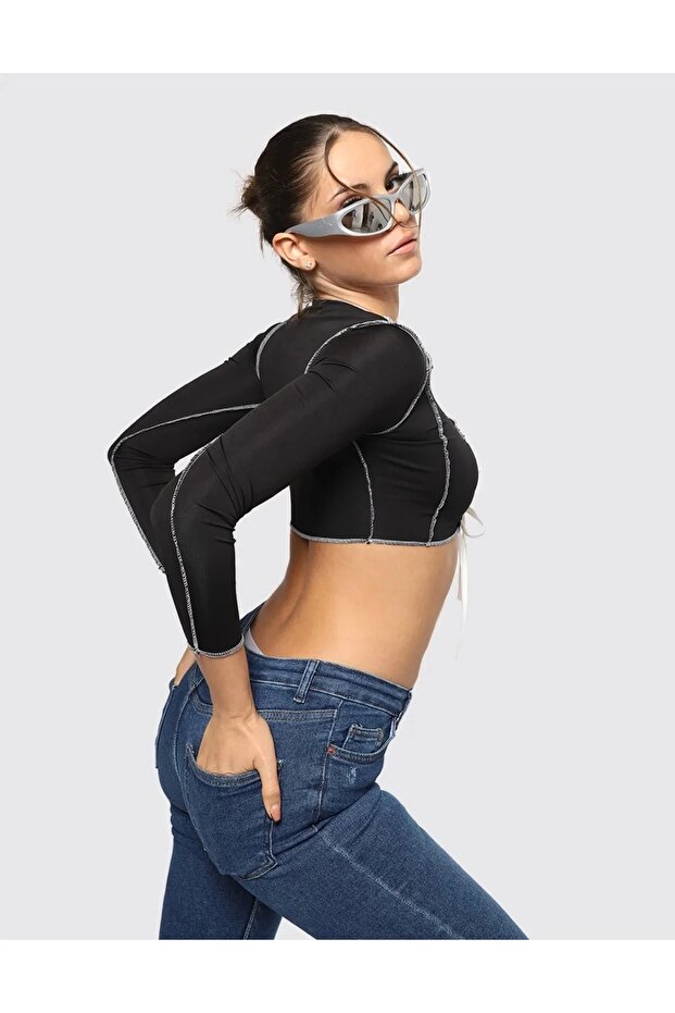 Göğüs Dekolteli Ters Dikiş Siyah Crop - 3