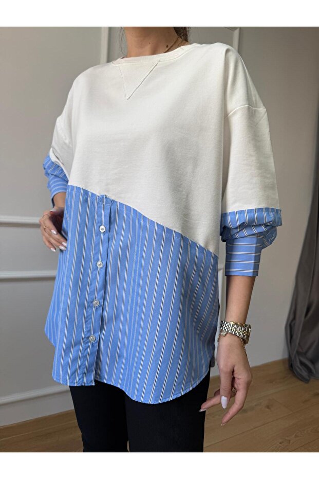 Ecru Blue Striped Sweatshirt
