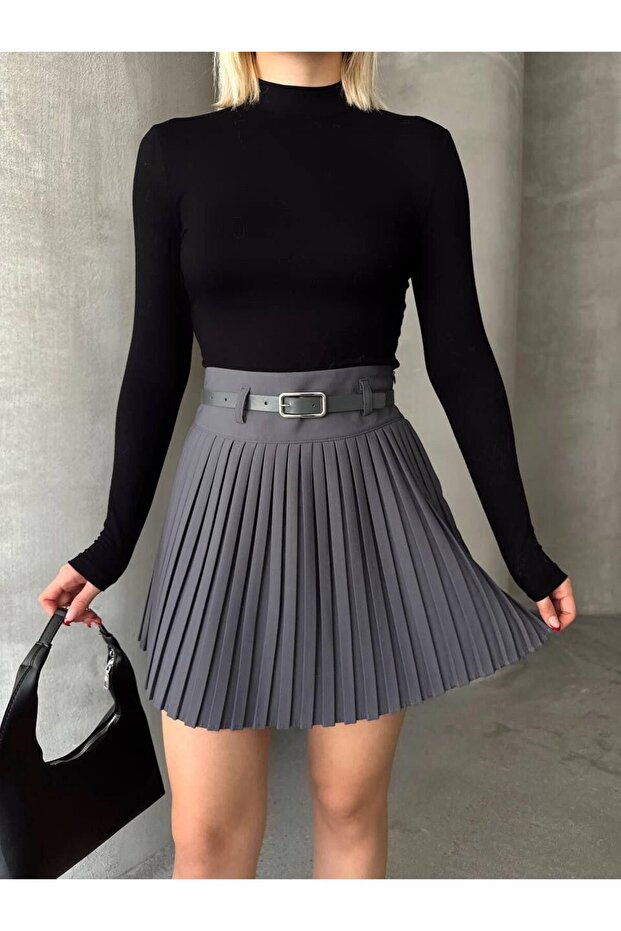 Pileli Şort Etek-M - SİYAH - 2
