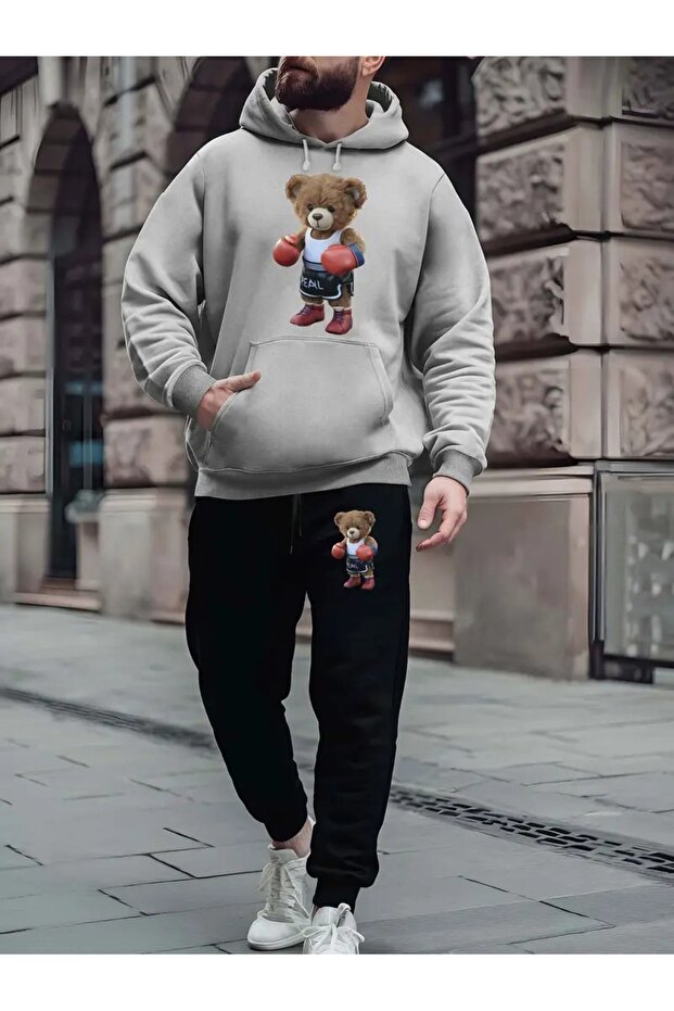 Men's Boxer Teddy Bear Printed Tracksuit Set - Hooded Bottom Top Set