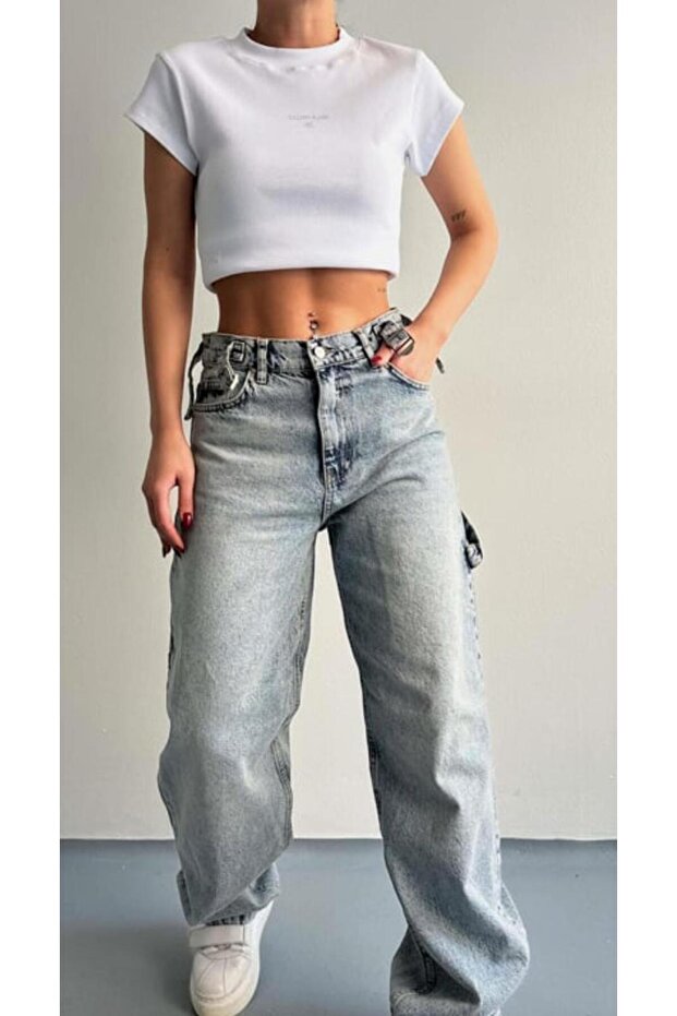 Open Snow Washing Side Buckle Baggy Loose Leg Jeans