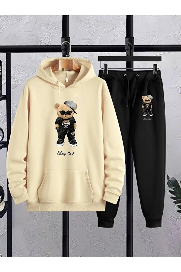 Teddy Bear Printed Hooded Tracksuit Set - Bottom Top Set