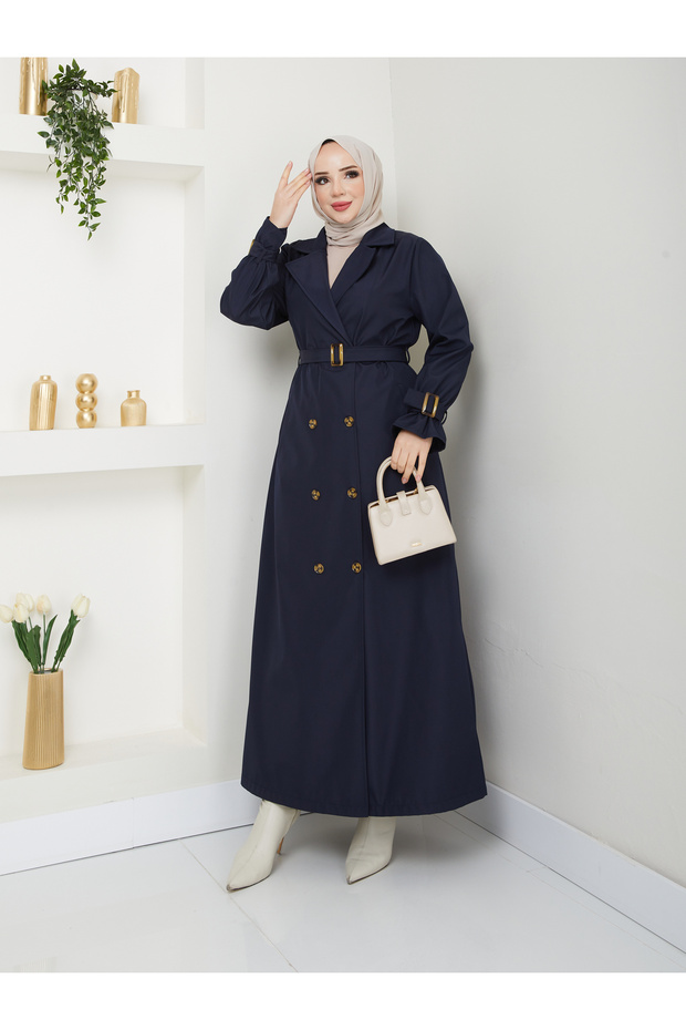 Modest Double Breasted Collar Waterproof Belted Full Length Trench Coat Rc1403013