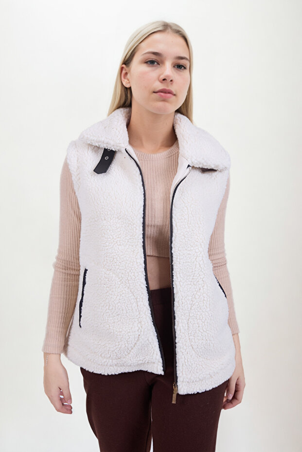 Deri Şeritli Kürk Yelek - 6