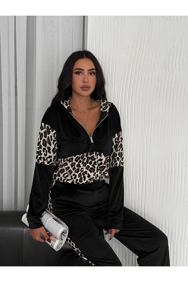 KADIN BOL PAÇA EŞOFMAN TAKIMI LEOPAR DESENLİ KAPÜŞONLU FERMUARLI TREND MODEL - 3