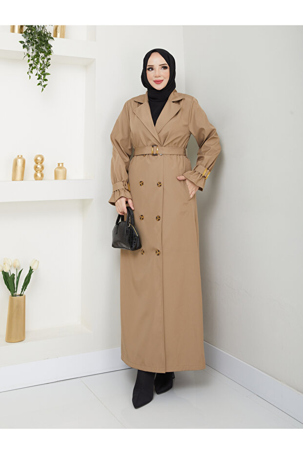 Modest Double Breasted Collar Waterproof Belted Full Length Trench Coat Rc1403013