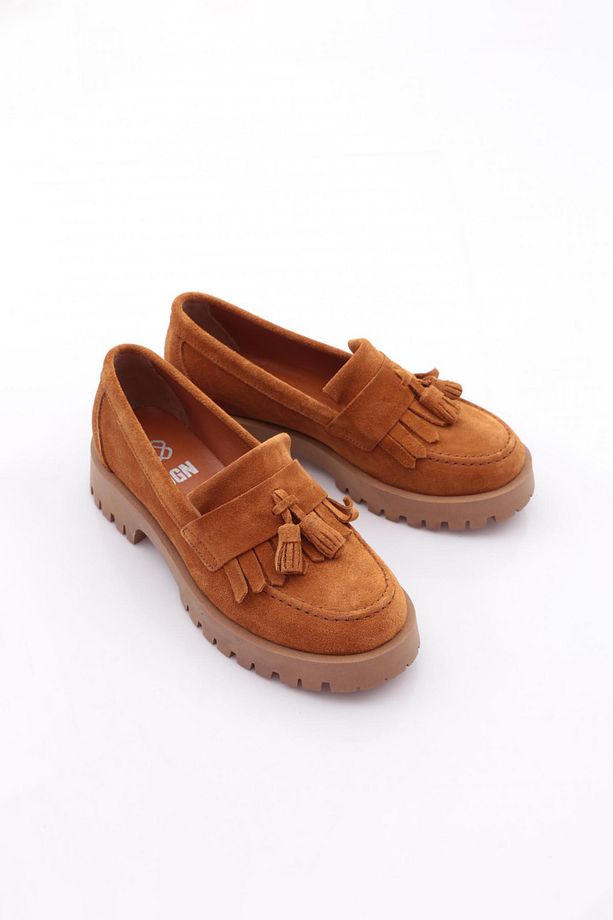 Kadın Kalın Taban Püsküllü Loafer Ayakkabı Taba Süet 3951841 - 2