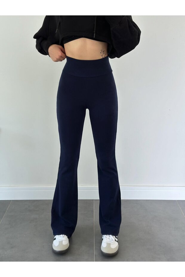 Women's Navy Blue Brand Equivalent Combed Cotton Knitted Stretchy Lycra Spanish Leg Leggings