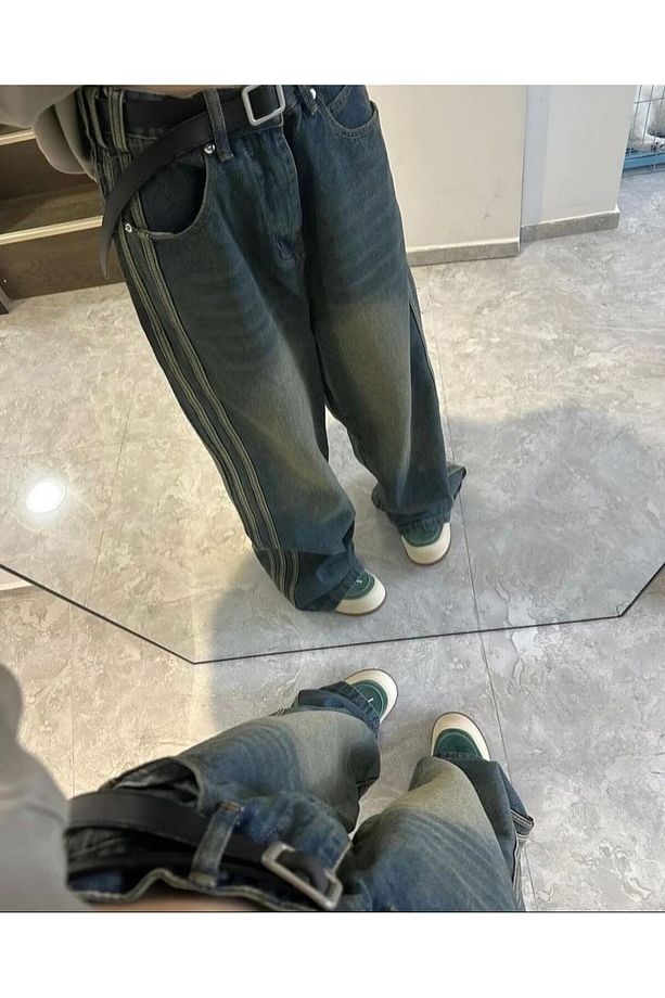 Y2k Eskitme Şerit Detay Yeşil Tint Yıkamalı Bol Baggy Jean Vintega - 3