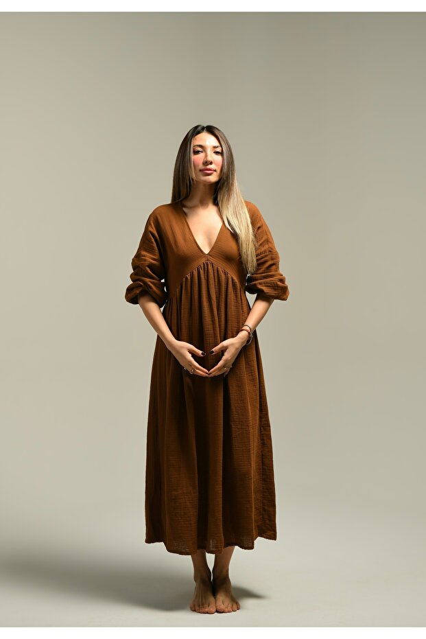 Brown Long Sleeve Bohemian Dress with V Neck