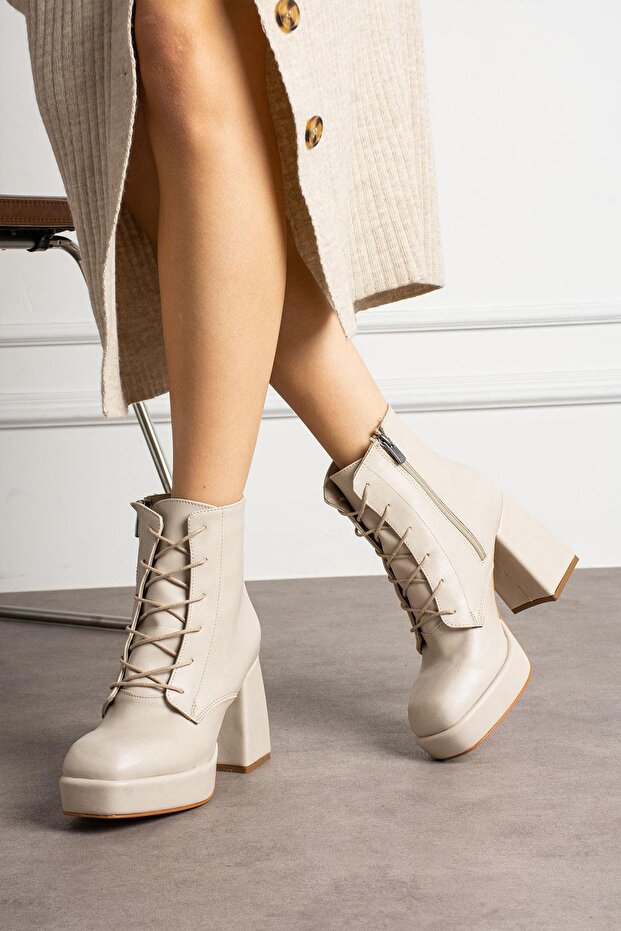 Larinka Kadın Bot Kalın Topuklu Bağcıklı Bej Deri - 1