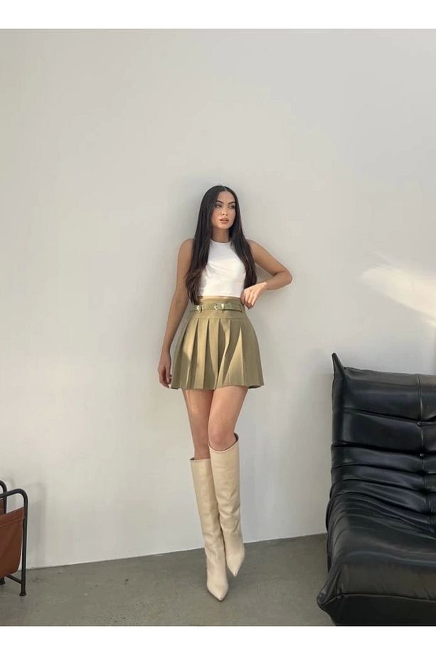 Kadın Haki İçi Astarlı Şortlu Kemerli Pileli Mini Şort Etek - 2