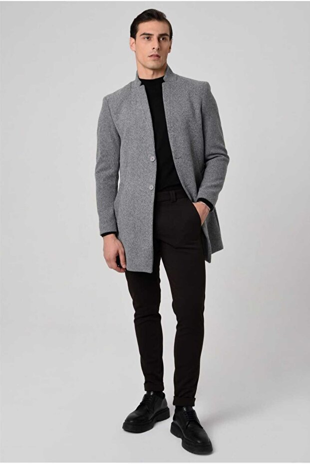 Gray Anthracite Slim Fit Stamp Coat - Italian Cut, Long Overcoat, Stand Collar, New Season