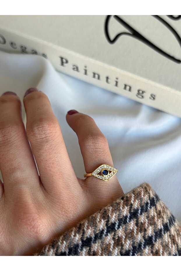 Gold Navy Blue Stone Eye Sparrow Finger Ring