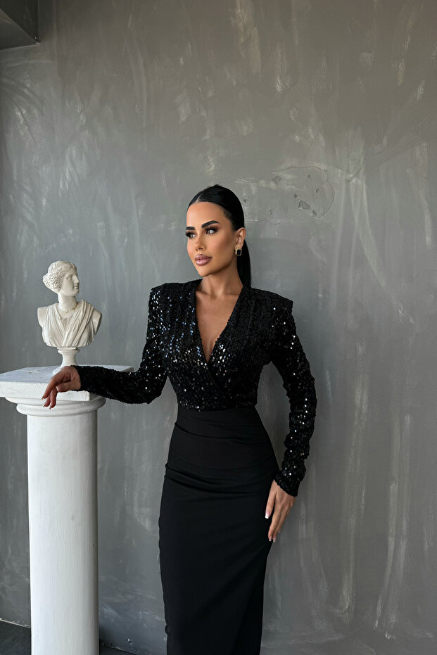 DOUBLE-BREASTED NECK SEQUINED DESIGN BLACK DRESS