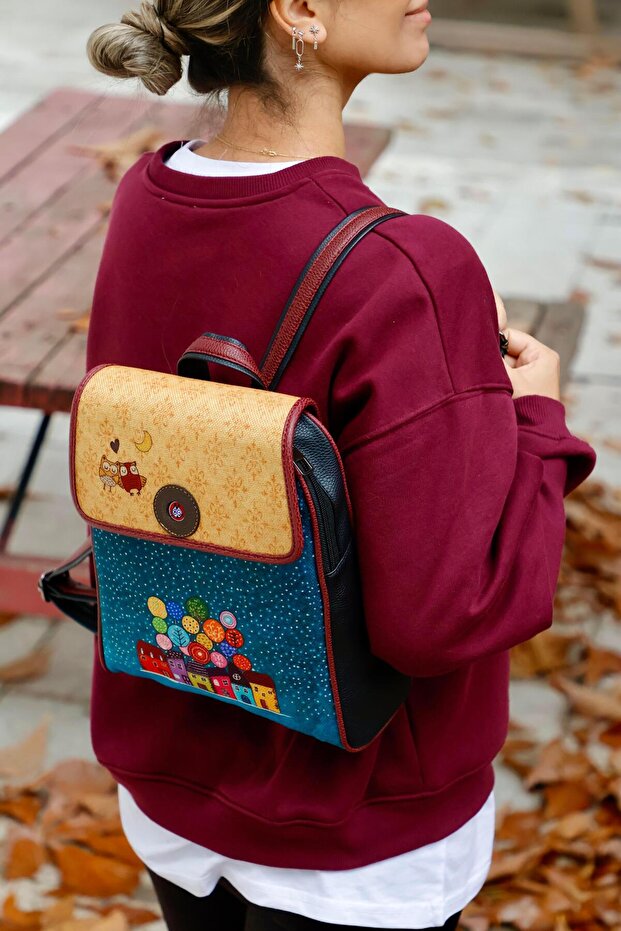 Ethnic Bohemian Style Owl Figured Covered Backpack - Black