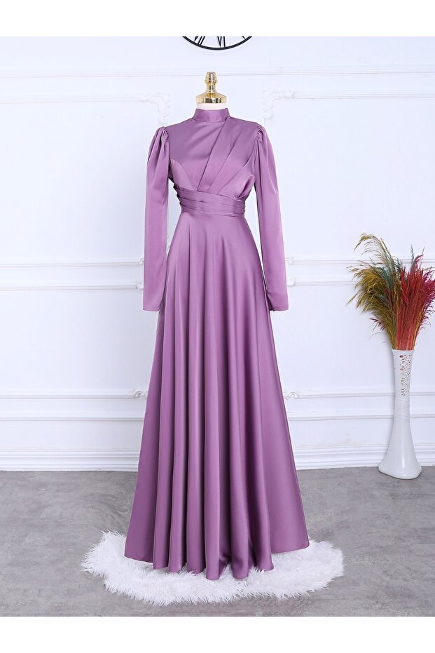 Pleated Front Satin Evening Dress