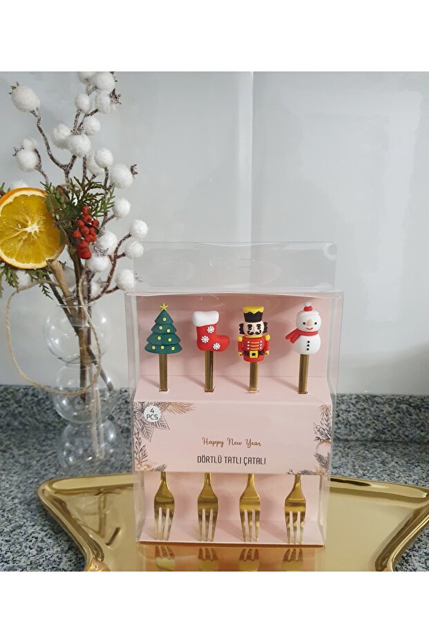 Yılbaşı Temalı Gold Tatlı Çatal Seti - 2
