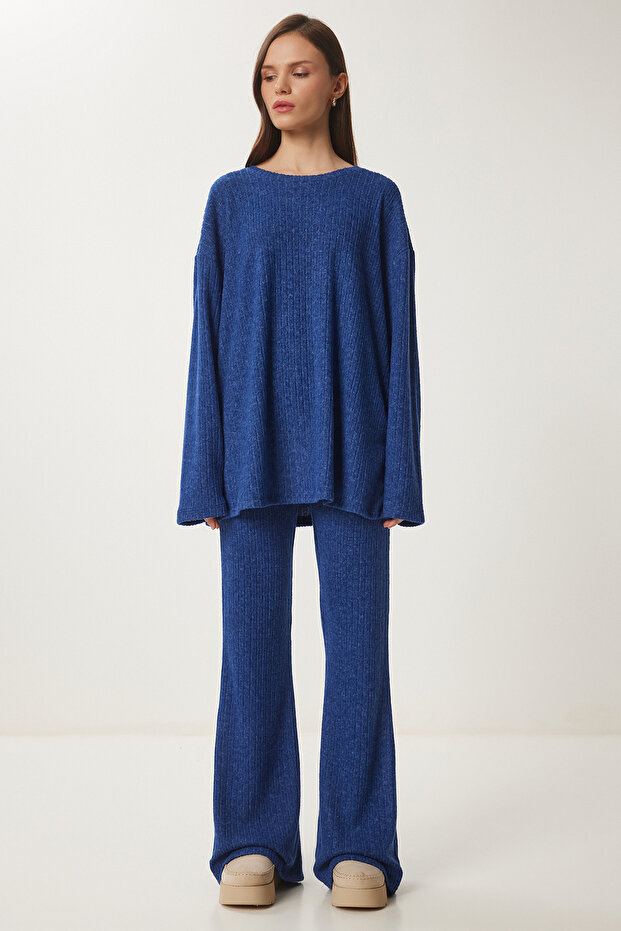 Comfortable Ribbed Knitted Blouse and Trousers Set Cobalt Blue Lrg0014