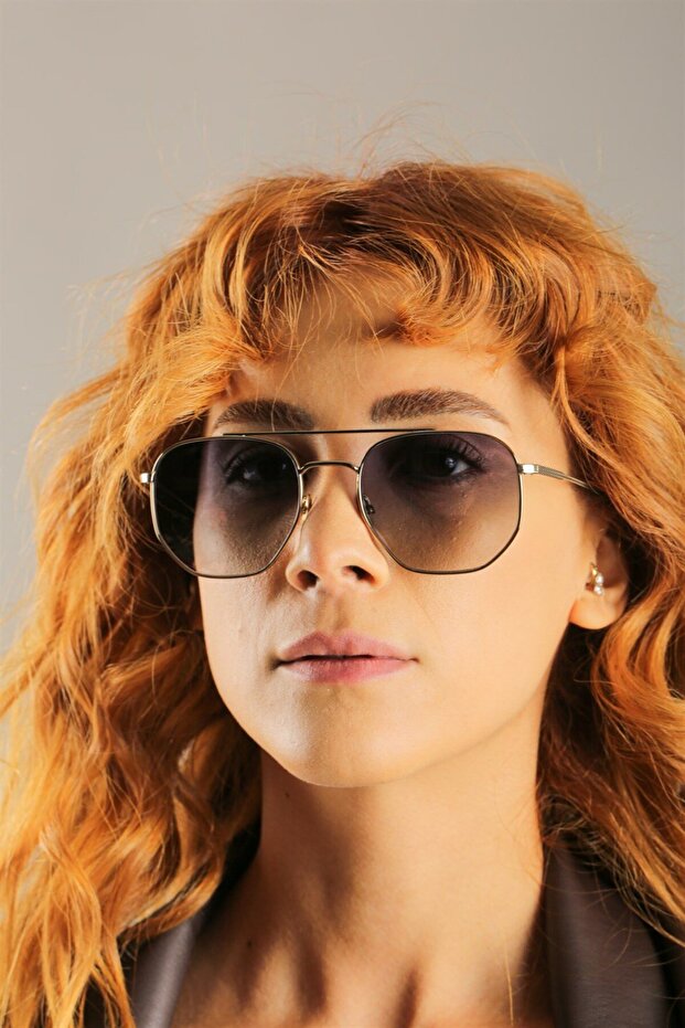 L 210S 718 54 Unisex Geometrik Gold Metal Güneş Gözlüğü - 4