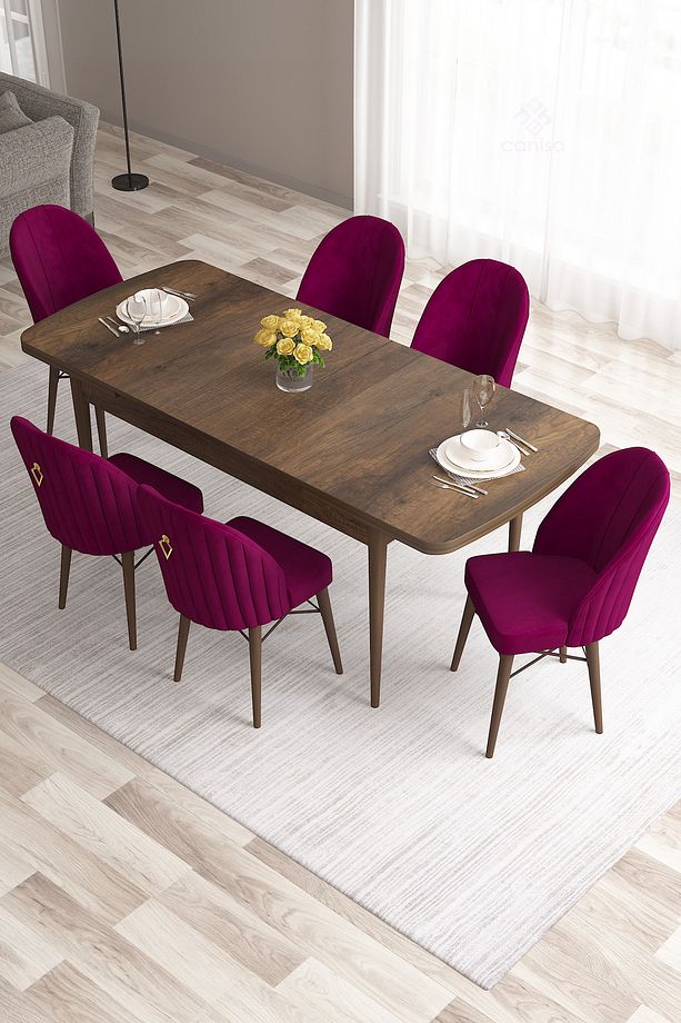 Roz Serisi 80x132 Mdf Açılabilir Barok Ahşap Desen Masa Takımı 6 Mürdüm Sandalye - 3