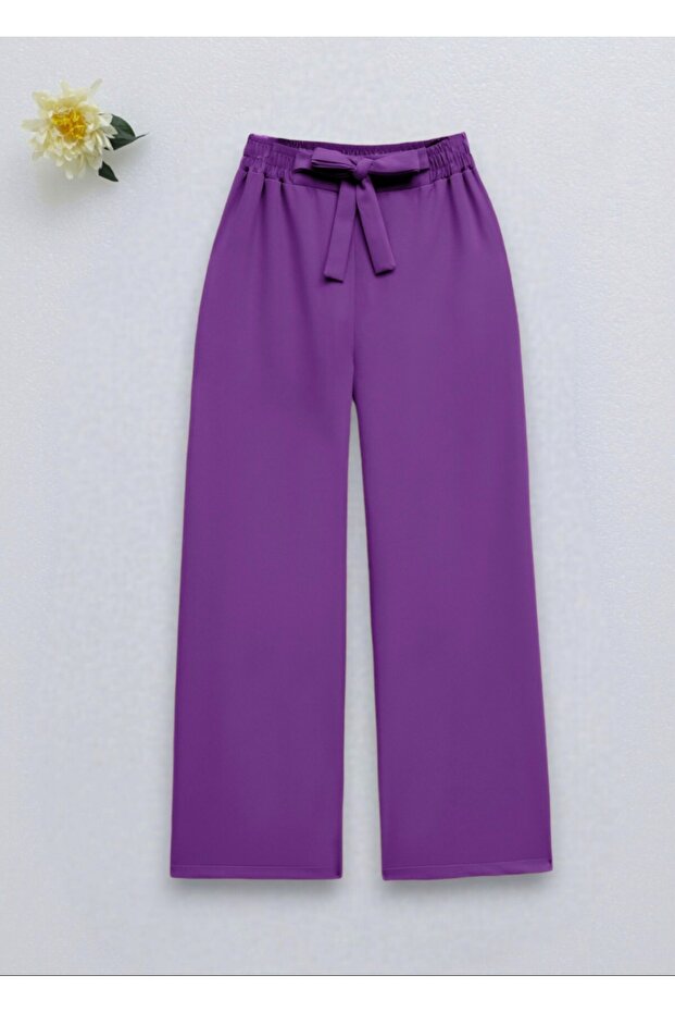 Double Wide Leg Trousers with Lace-Up Waist - Fuchsia