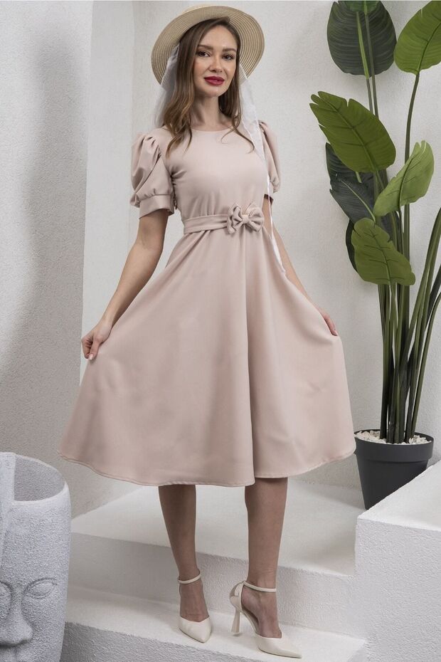 Beige Watermelon Sleeve Flared Midi Length Crepe Dress