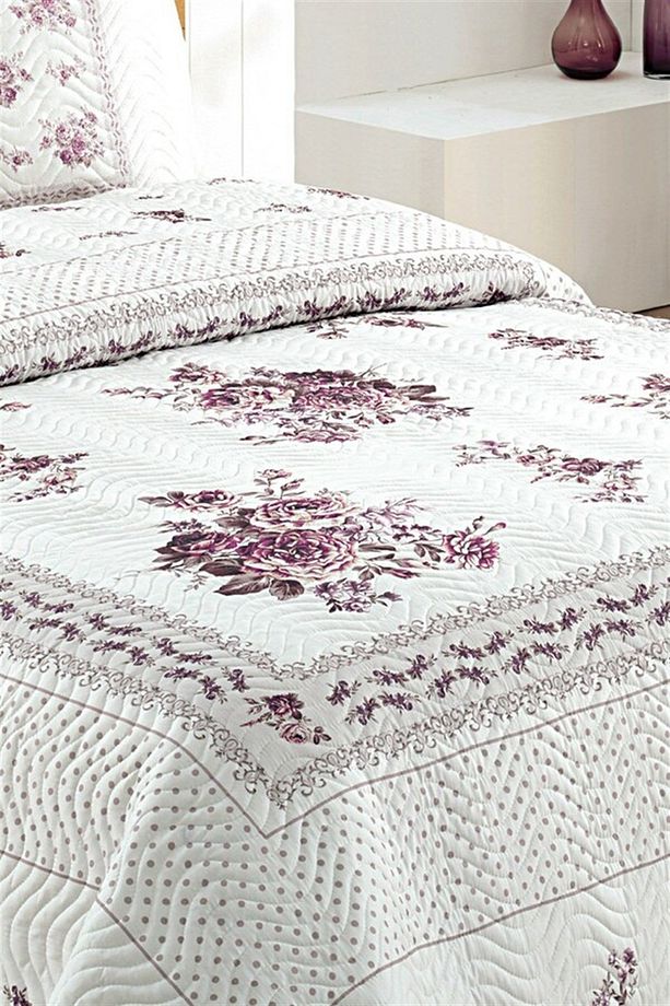 Flower Çift Kişilik Kapitone Yatak Örtüsü Takımı - Lila - 4