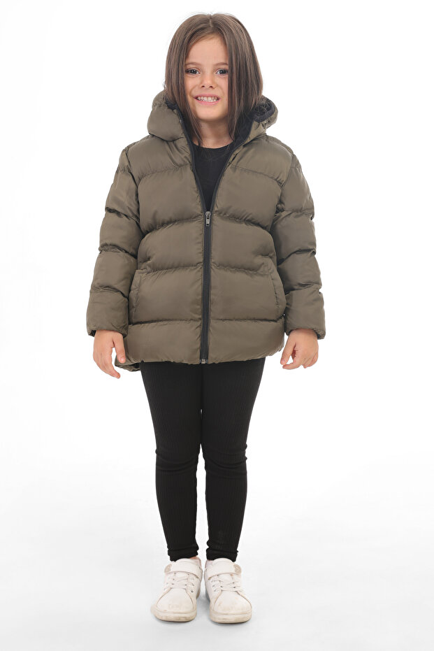 Girl's Khaki Fleece Hooded Waterproof Windproof Inflatable Winter Coat & Coat