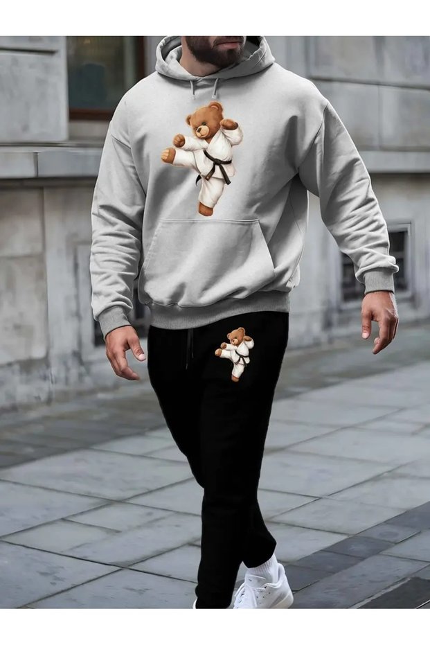 Men's Taekwondo Bear Printed Hoodie & Sweatpants Set - Hooded Tracksuit Set