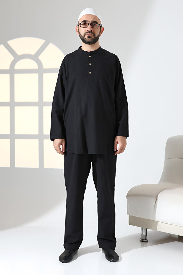 Men's Single Pocket Prevailing Collar Shirt Pants Linen Double Suit Hajj Umrah Outfit - Black