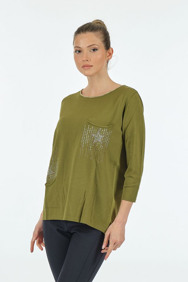 Twomail Minimalist Oversize 3/4 Kol Kadın Bluz - Cep Detaylı - 5