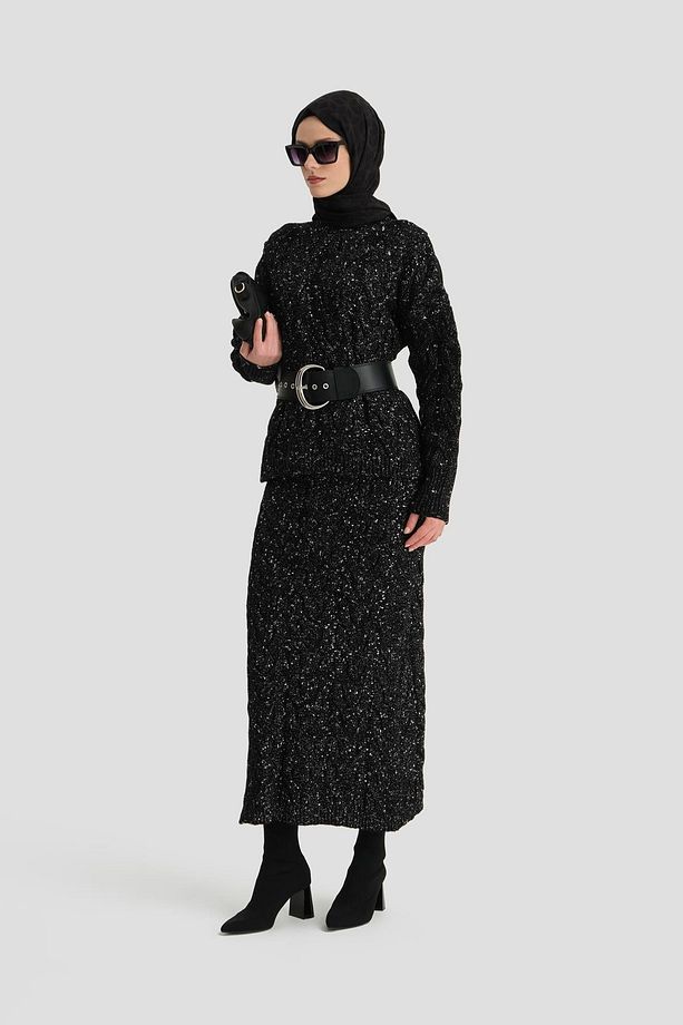 Saç Örgülü Simli Triko Takım 24kd4207 Siyah - 2