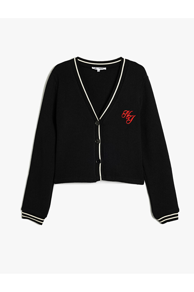 Embroidery Detailed Long Sleeve Buttoned Ribbed V-Neck Knitwear Cardigan