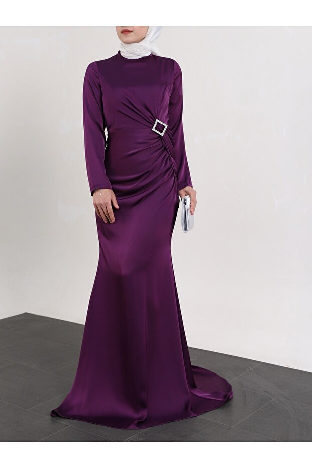 Side Gathered Satin Evening Dress with Stone Taka Detail