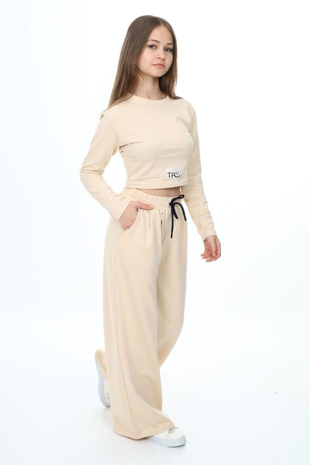 Girl's 100% Cotton Cropled Long Sleeve Bottom-Top Set