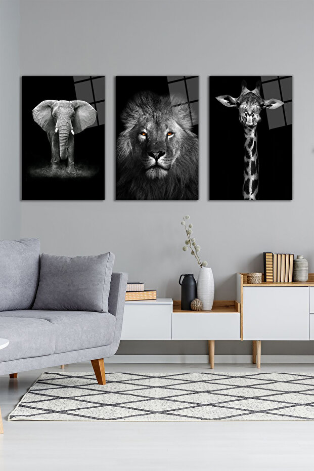 Aslan, Zürafa ve Fil 3'lü Cam Tablo Seti, Modern Ev ve Ofis Dekoru, Hediyelik Duvar Dekorasyonu - 4
