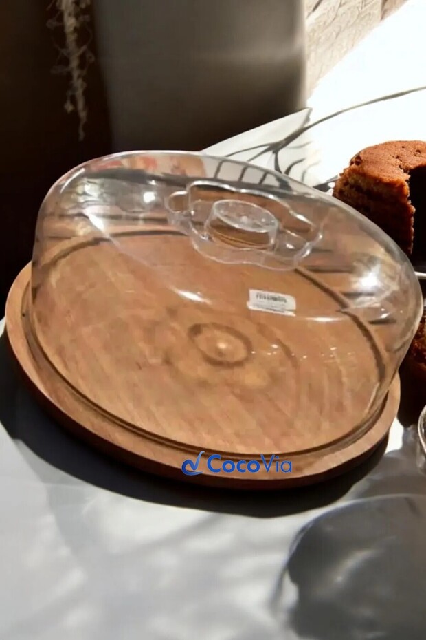 جرة الكيك الكبيرة - حامل عرض الكيك المزخرف، حامل خشبي ووعاء أكريليك